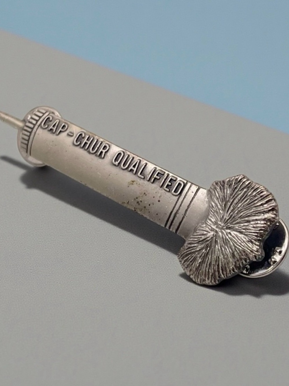 Pewter CAP-CHUR QUALIFIED Animal Tranquilizer Dart Gun Pin